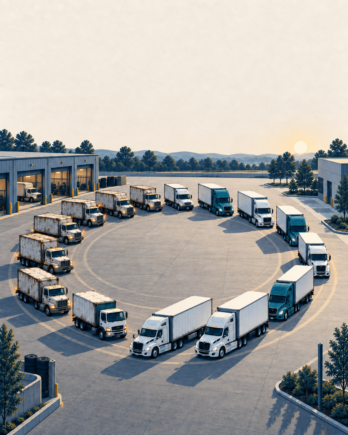 Illustrated truck fleet moving through a renewal cycle, with older vehicles transitioning toward newer vehicles.