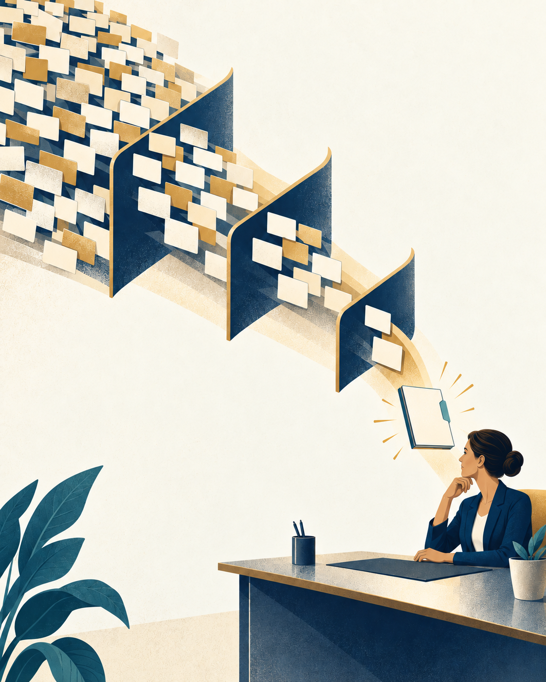 Illustration of a professional moving beyond a wall of database records toward a small number of clearly surfaced opportunities.