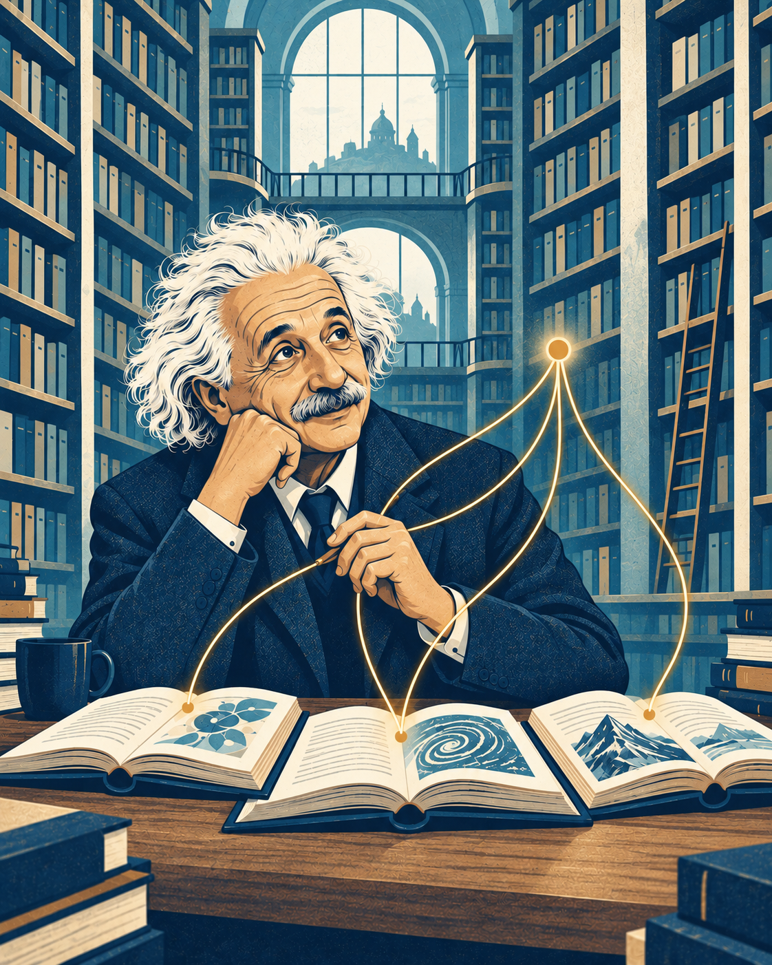 Illustration of Einstein in a library, connecting ideas from three open books into one insight.