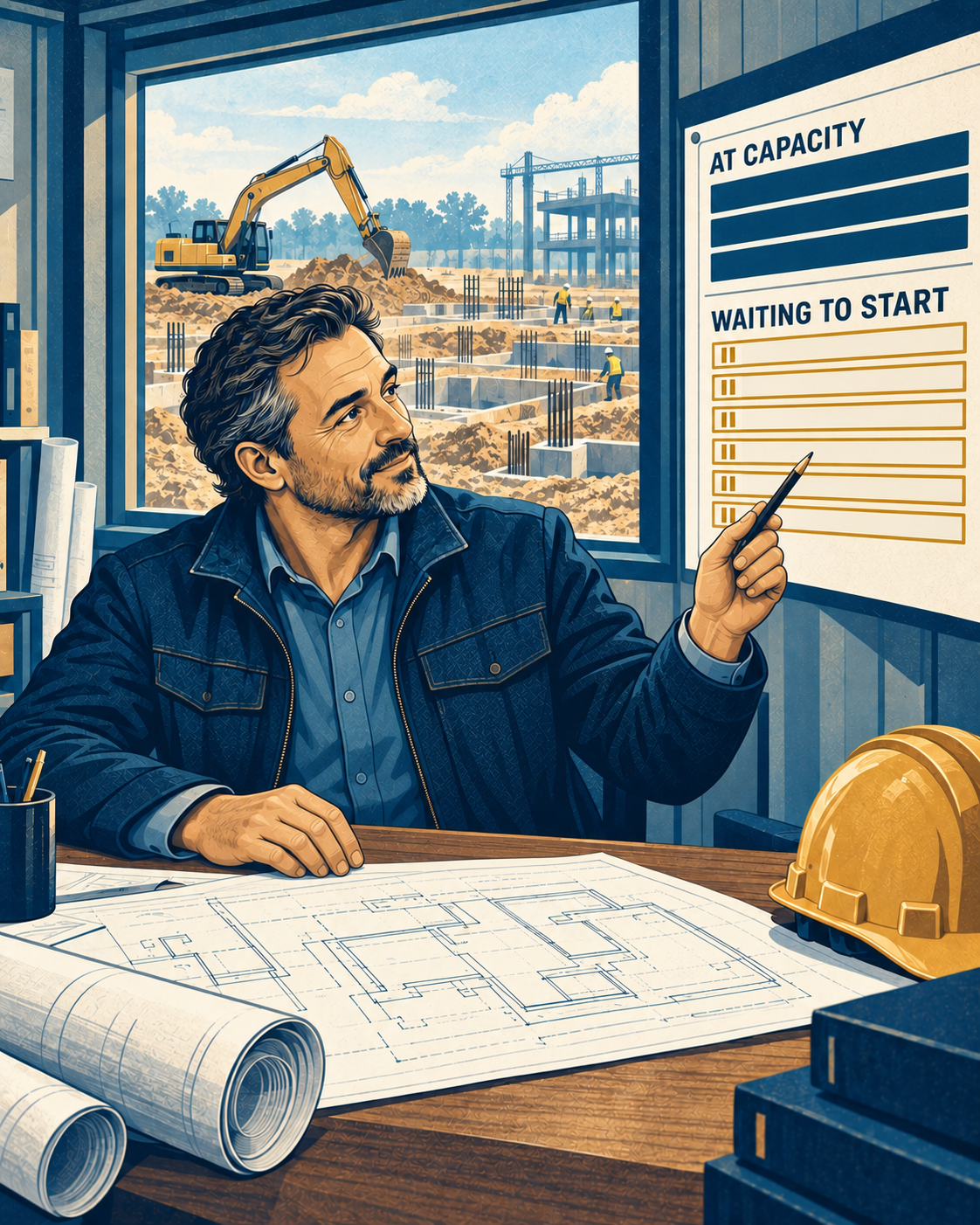 Contractor reviewing a board showing full work capacity and six projects waiting to start, with an excavator working outside.