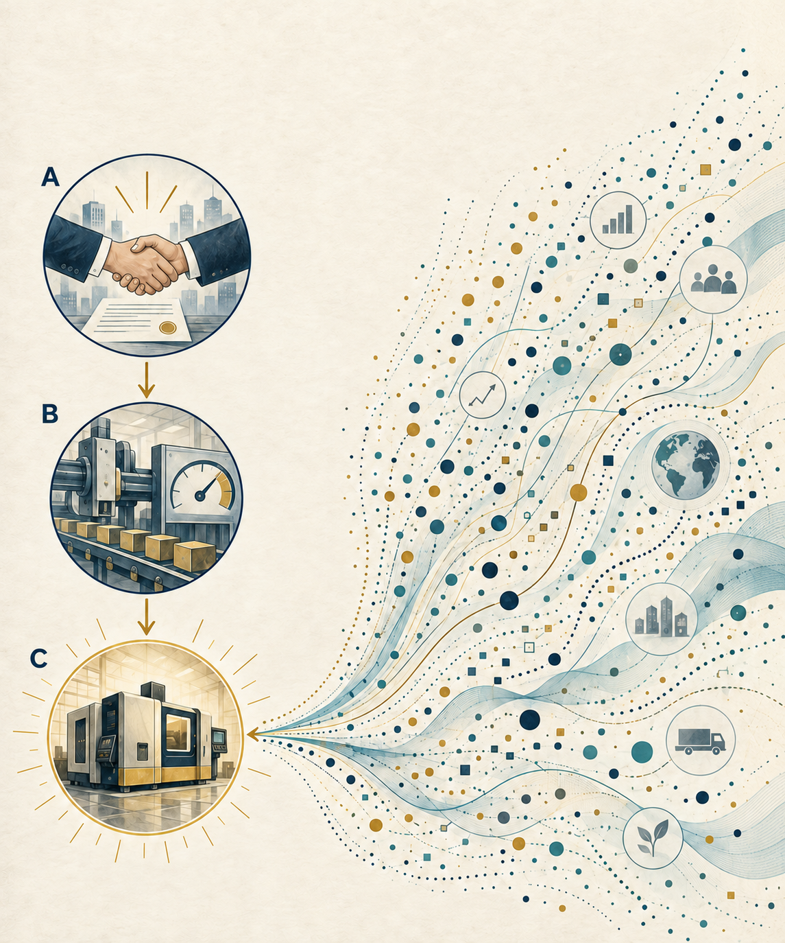 A visible A-to-B-to-C chain and a complex field of business patterns both converge on a possible equipment need.