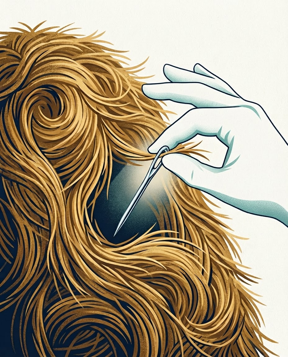 A white-gloved hand carefully selects a silver needle from a golden haystack.