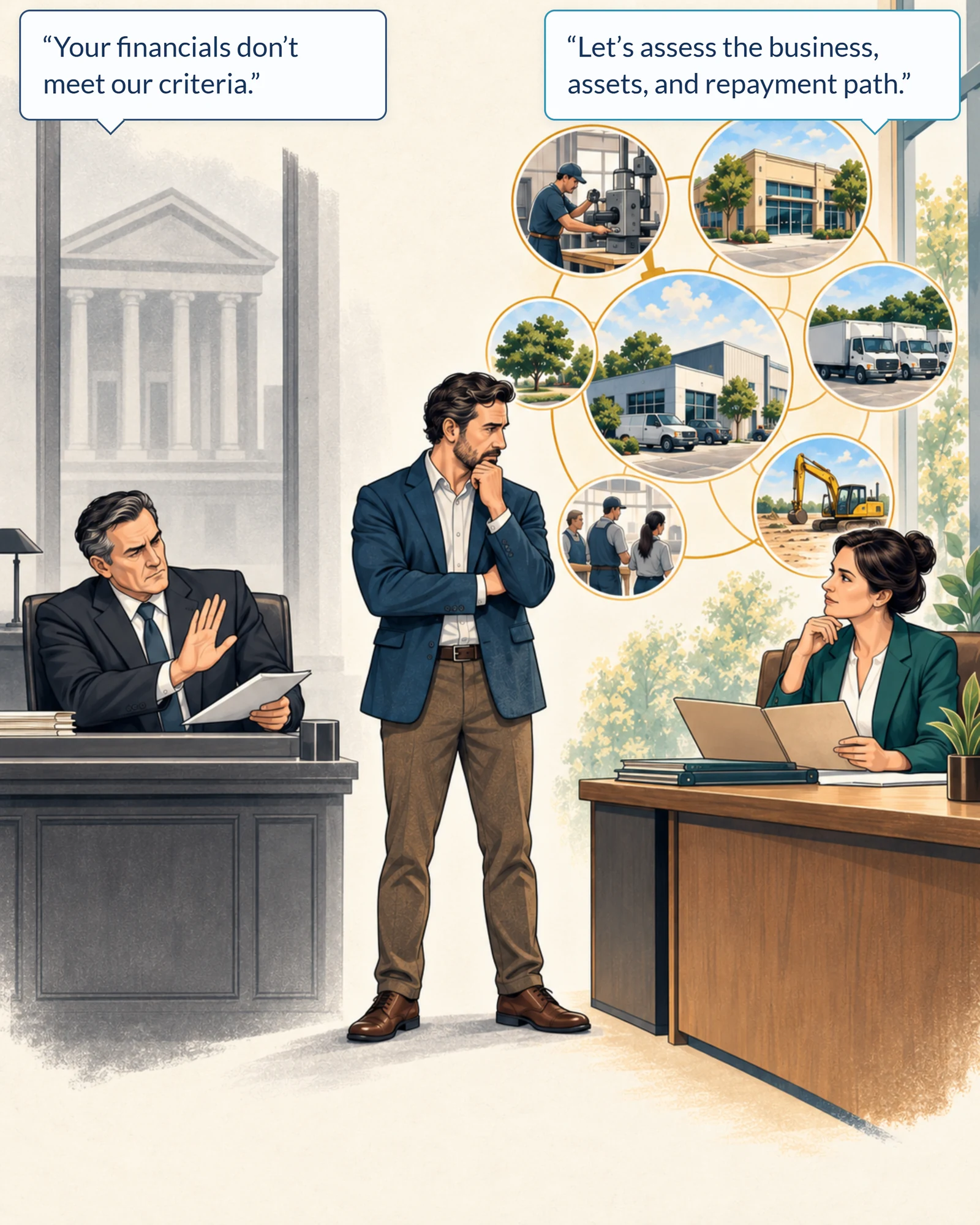 Illustration contrasting a bank decline with an assessment of the business, assets and repayment path.